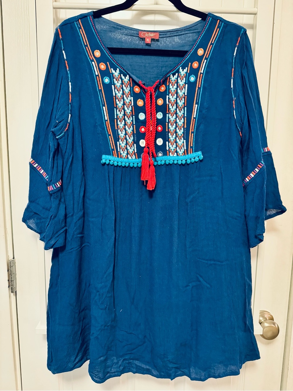 Embroidered Teal Boho Tunic with Red Tassel